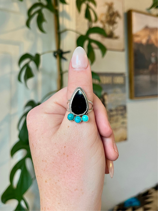 Black onyx and Sonoran turquoise ring size~8
